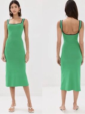 STAUD Green Square-Neck Knit Midi Dress